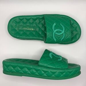 Chanel Green Quilted Interlock CC Slip On Shoes